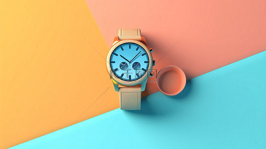 简约夏季概念蓝色智能手表，背景柔和，创意 3D 渲染