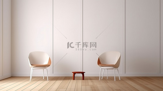 棕色木地板背景图片_现代椅子坐落在白色木质房间的一角，配有棕色木地板 3D 渲染