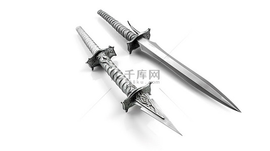 正面刀剑背景图片_白色背景下闪闪发光的剑的 3D 插图