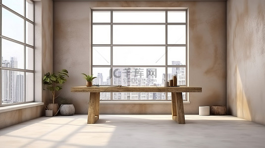 带木桌混凝土地板和窗框的简单阁楼办公室的 3D 渲染