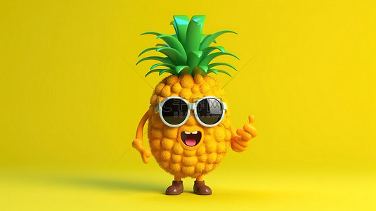 黄色背景 3d 渲染上带有闹钟卡通风格的时髦菠萝吉祥物