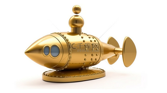 卡通风格潜艇玩具和白色金奖奖杯的 3D 渲染