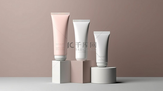 几何形状和讲台的 3D 插图，具有用于包装和品牌展示的化妆品塑料管