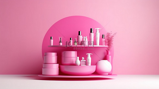 双品背景图片_充满活力的粉红色化妆品讲台，带双区 3d 渲染