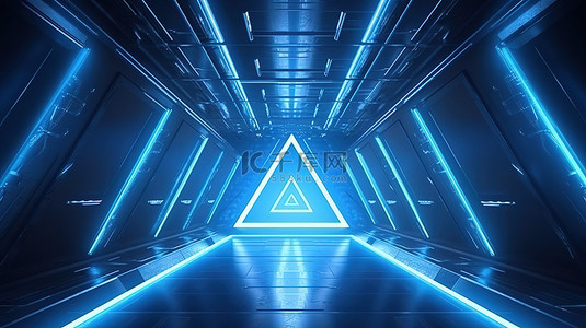 荧光蓝荧光背景图片_具有蓝光和现代三角形设计的激光发光太空飞船隧道的未来 3D 渲染