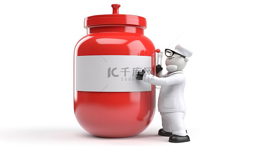 卫生消毒背景图片_拿着大分配器罐的卡通医生角色的白色背景隔离 3D 渲染