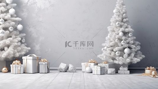 礼物盒礼盒背景图片_圣诞节背景与 3D 渲染的松树和礼品盒