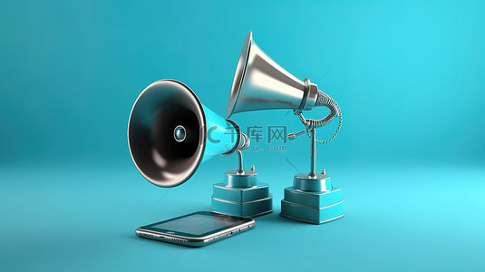 蓝色科技移动背景图片_蓝色背景中的两个扩音器伴随着 3d 渲染的智能手机
