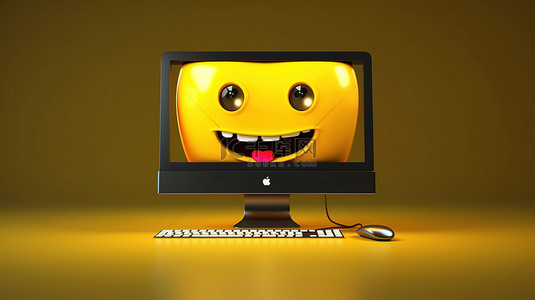 3D 渲染插图中的计算机桌面，具有表情符号通知图标和聊天键盘