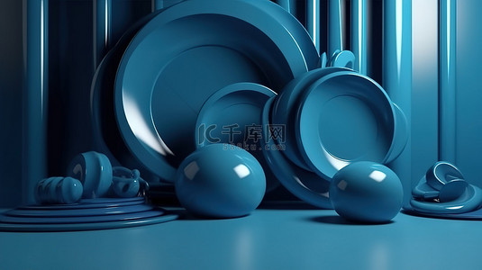 精美的 3D 设计蓝色物体形状在豪华模板地板上令人惊叹的渲染