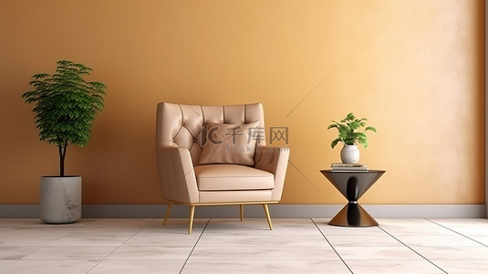 连体坐垫背景图片_入口大厅的 3D 渲染，配有舒适的扶手椅边桌和坐垫 d cor