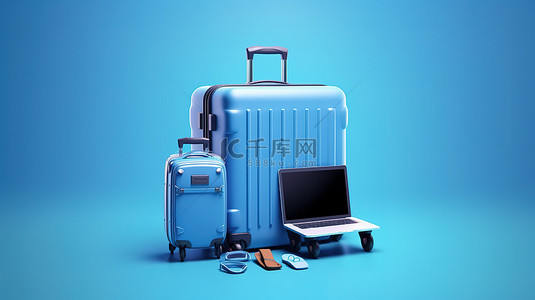 旅游电脑背景图片_带有蓝色背景的旅行者行李和电脑的 3D 渲染