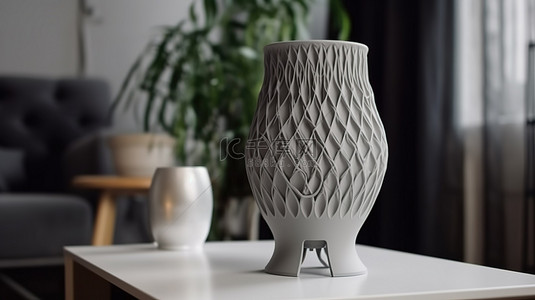 定制icon背景图片_室内桌子上 3D 打印灰色花瓶的特写镜头