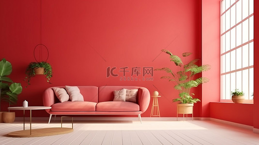 情人节灵感的客厅内部采用充满活力的红色，空墙用于创意展示 3D 渲染
