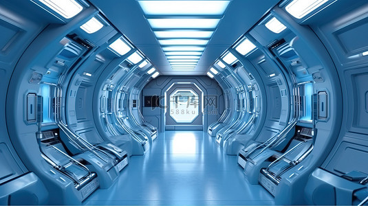 蓝色空间站背景图片_蓝色背景上的内部着陆带太空飞船的孤立 3D 渲染
