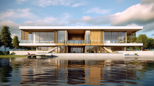 自然风景房屋背景图片_当代海滨房屋立面的三维插图