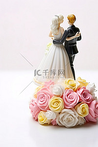 白色背景的真正婚礼新娘和新郎雕像和新娘花束