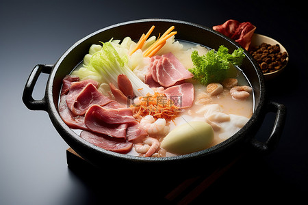 配料火锅背景图片_日本一碗汤，配料有肉蘑菇卷心菜等