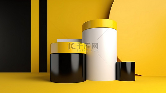 在黄色孟菲斯风格的背景下，用黑白 3d 呈现的空圆柱领奖台