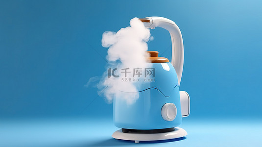 打扫背景图片_通过 3D 渲染创建的蓝色背景上的现代蒸汽熨烫机