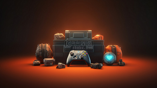 游戏场景插图，包含游戏手柄箱和带有玩家元素和充足复制空间的奖品