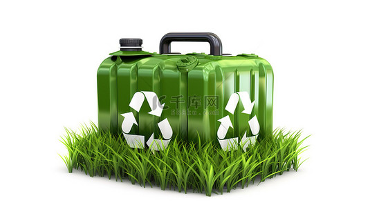 可持续燃料解决方案绿色金属罐头与回收和生物燃料标志在郁郁葱葱的绿色草坪 3D 插图