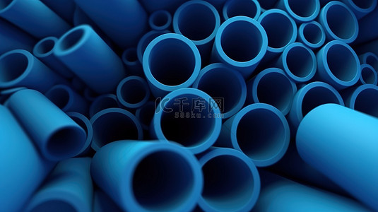 现代 3D 渲染抽象蓝色圆柱体和管道在最小背景下