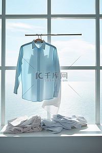 老师窗前背景图片_窗前的绳子上放着一个装有衬衫毛巾和床单的手提箱