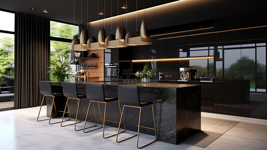 岛台背景图片_时尚现代的厨房具有闪亮的黑色外观，岛台和酒吧座椅以 3D 渲染