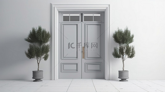 门地板背景图片_产品模型灰色门入口在 3d 渲染与白墙背景