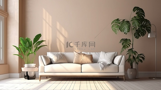 用沙发和植物装饰的永恒生活空间的 3D 渲染