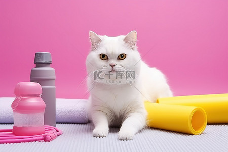 白猫坐在垫子上，上面有黄色水瓶和健身器材