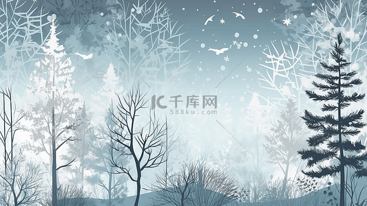 蓝色树林背景图片_冬天雪景插画