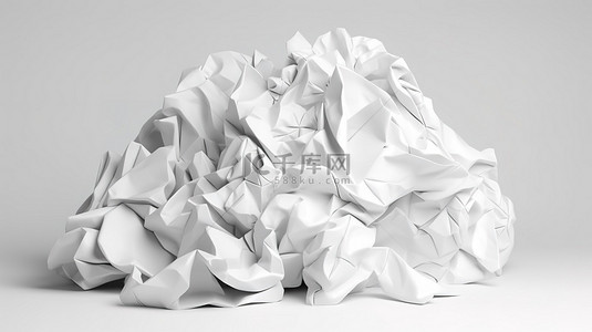 一大堆皱巴巴的纸形成白色的 3D 形状