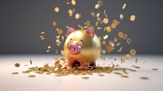 3d 渲染的存钱罐上的金币雨，描绘了存钱的重要性