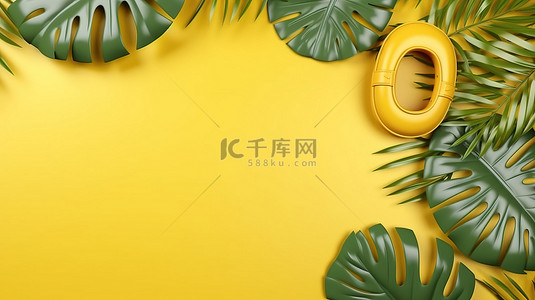 热带树叶子背景图片_黄色背景夏季横幅的 3D 渲染，带有人字拖叶子和充气游泳圈，非常适合复制空间
