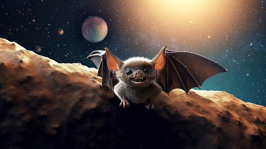 蝙蝠翅膀背景图片_月球背景下的月球蝙蝠 3D 插图