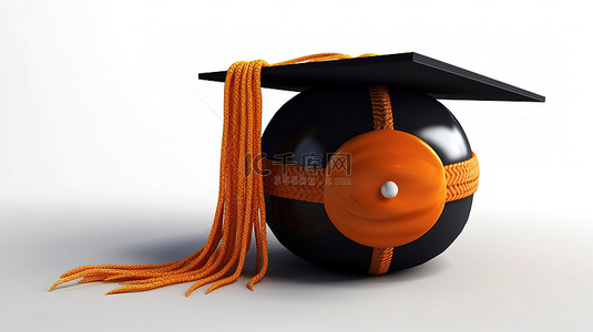 橙色篮球的 3D 渲染，顶部有毕业帽，白色背景