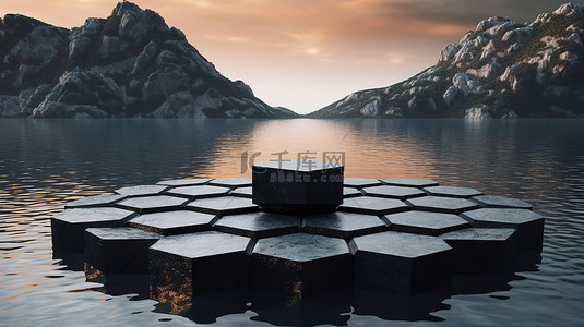 创意黑色设计背景图片_具有景观背景的抽象空间 漂浮在湖池上的黑色水磨石六角形讲台的 3D 渲染