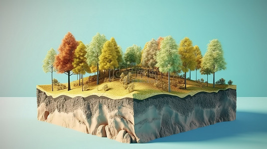 夏日树木背景图片_令人惊叹的 3D 立方森林景观，土壤树木和地质横截面生态在蓝天背景下处于最佳状态