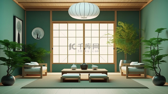 家居背景图片_日本绿色房间日式室内设计的 3D 渲染