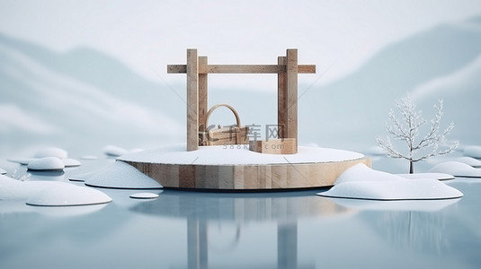 产品标题背景图片_标题 1 冬季仙境木制讲台在雪水上的 3D 渲染