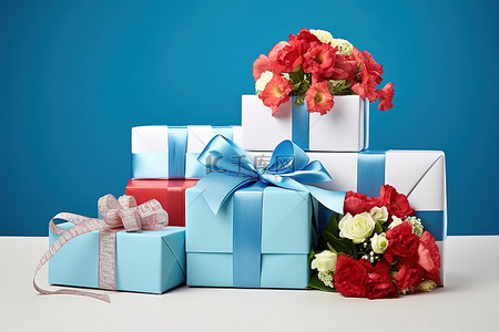 三个礼品盒周围有红色和蓝色蝴蝶结的蓝色丝带