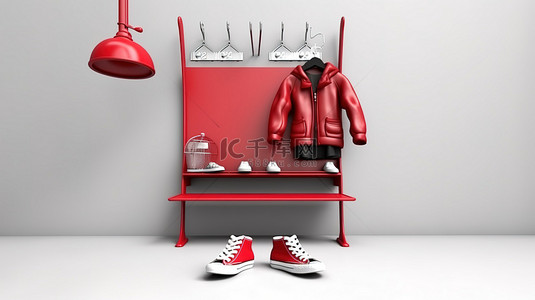 红色游乐场背景图片_等距单色红色儿童游乐场物品衣架和鞋套，具有 3D 渲染