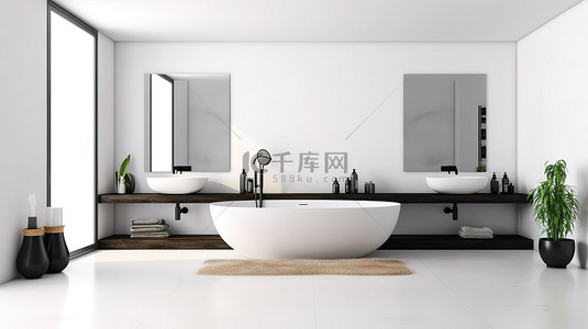 酒店浴缸背景图片_优雅的现代浴室配有时尚的白色浴缸和干净的墙壁 3D 渲染