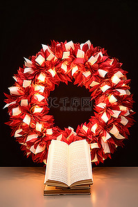 白色圣诞树背景图片_带有空白白色便条的红色和白色大花环
