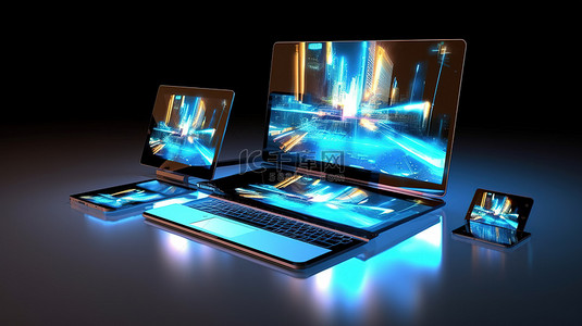 手机体验背景图片_响应式网页设计说明了飞行笔记本电脑手机和平板电脑的 3D 渲染