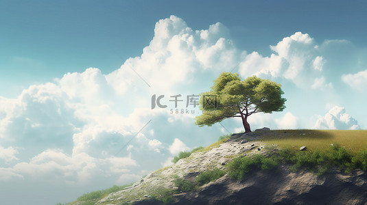 卡通云彩背景背景图片_山坡上树木和云彩自然景观的 3D 插图