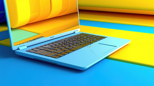 放在办公桌上的黄色和蓝色笔记本电脑的 3D 渲染