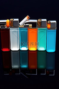 几个不同颜色的打火机与香烟和打火机